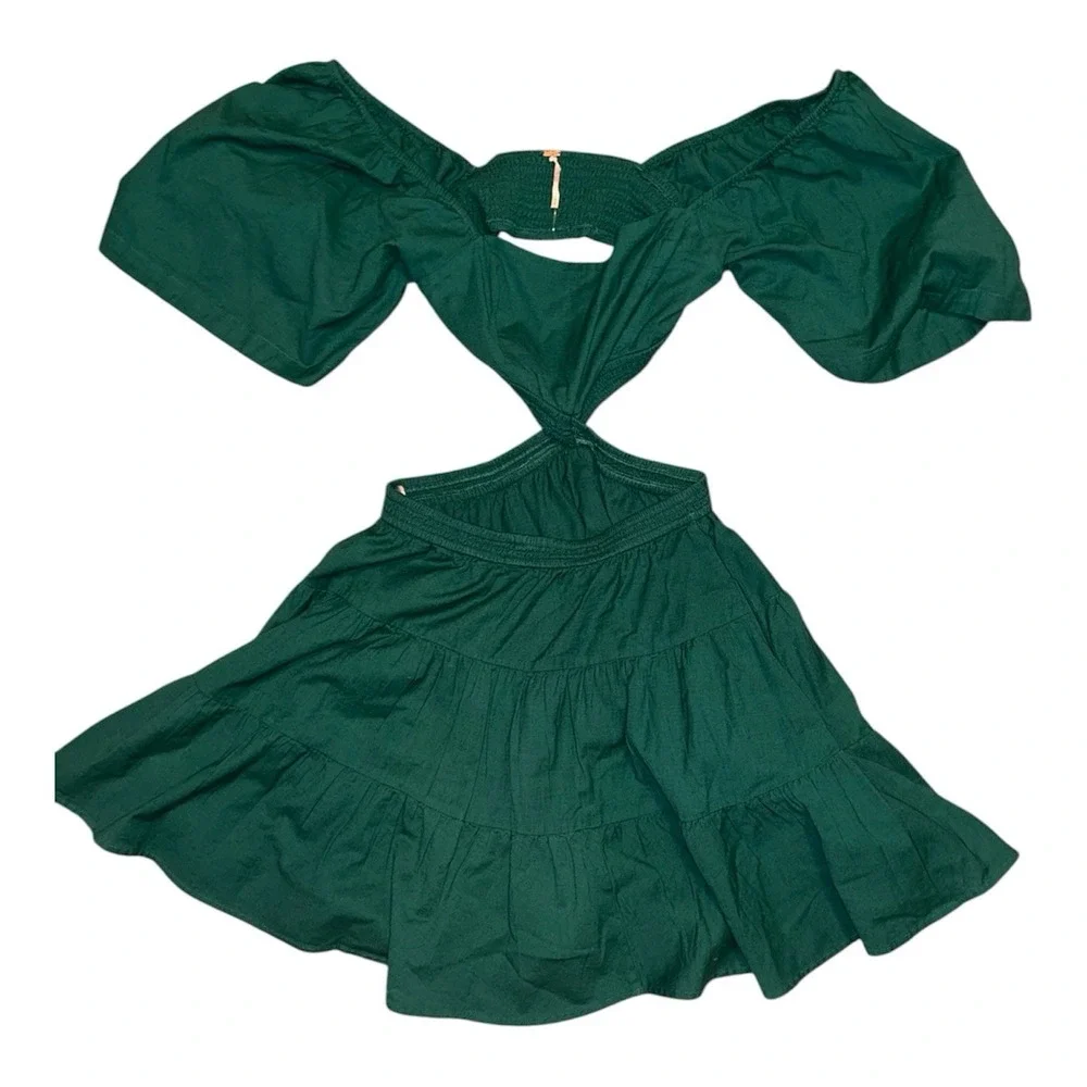 Free People Holly Mini Dress Green Cutout Puff Sleeve Tiered NWT Size M